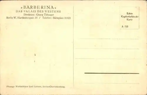 Ak Berlin Charlottenburg, Barberina, Palais des Westens, Inh. Georg Tichauer, Hardenbergstraße 18