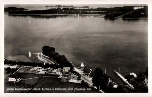 Ak Stock Prien am Chiemsee Oberbayern, Fliegeraufnahme, Hotel Westernacher