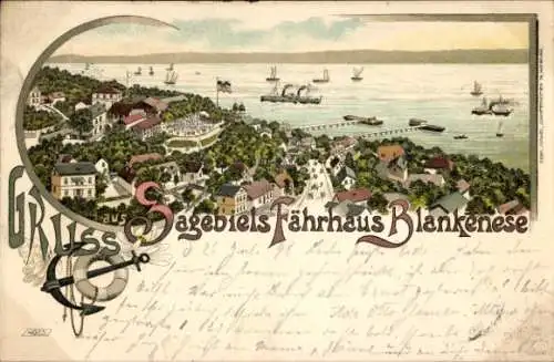 Litho Hamburg Altona Blankenese, Elbpanorama, Sagebiels-Fährhaus