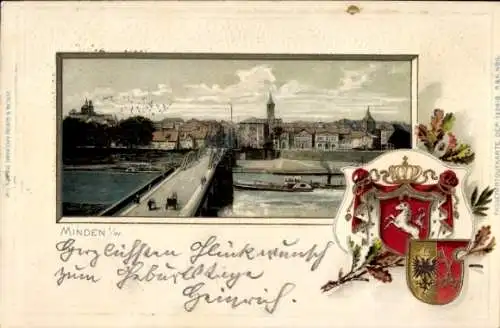 Präge Wappen Passepartout Ak Minden in Westfalen, Brücke, Blick auf den Ort