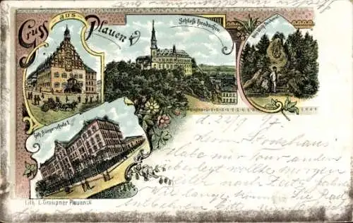 Litho Plauen im Vogtland, Schloss Hradschin, Bürgerschule I., Kaiser Wilhelm-Denkmal