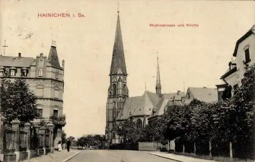 Ak Hainichen in Sachsen, Wettinstraße, Kirche