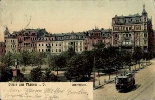 Ak Plauen im Vogtland, Albertplatz, Straßenbahn