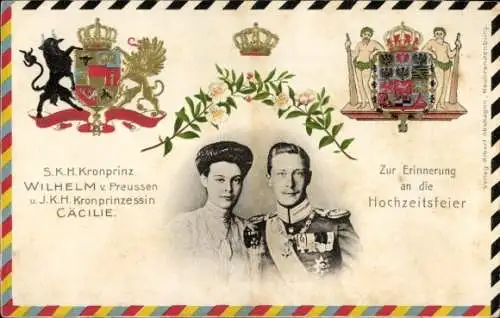 Präge Wappen Ak Kronprinz Wilhelm von Preußen, Kronprinzessin Cecilie, Hochzeitsfeier