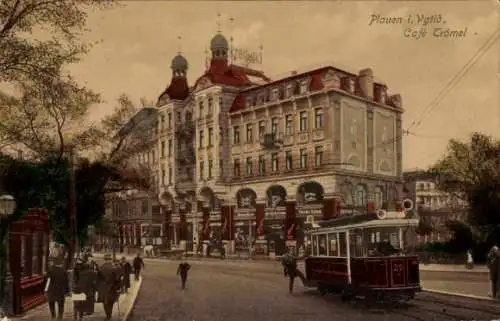 Ak Plauen im Vogtland, Café Trömel, Straßenbahn