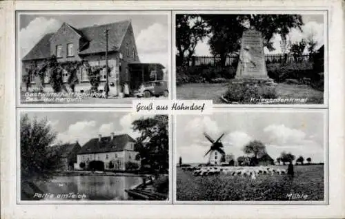 Ak Hohndorf im Erzgebirgsvorland, Gastwirtschaft, Kriegerdenkmal, Partie am Teich, Mühle