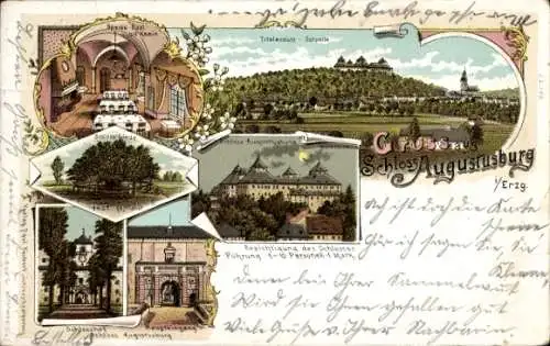 Litho Augustusburg im Erzgebirge, Totalansicht, Schloss, Linde, Speisesaal, Schlosshof