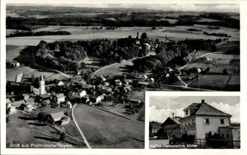 Ak Postmünster in Niederbayern, Fliegeraufnahme, Kaffee-Restauration Müller