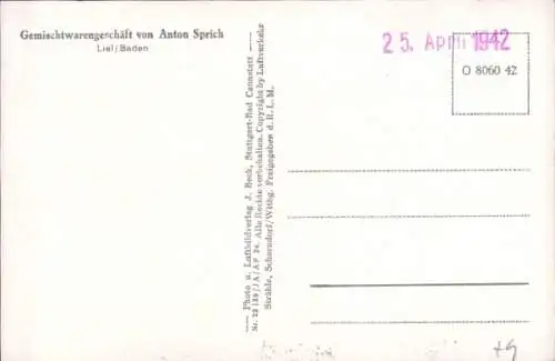 Ak Liel Schliengen in Baden, Fliegeraufnahme, Panorama, Gemischtwarengeschäft Anton Sprich