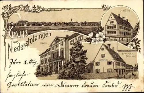 Litho Niederstotzingen in Württemberg, Gesamtansicht, Freihaus, Schloss, Apotheke, Schulhaus