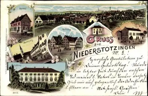 Litho Niederstotzingen in Württemberg, Bahnhof, Marktplatz, Rathaus, Schloss, Gesamtansicht