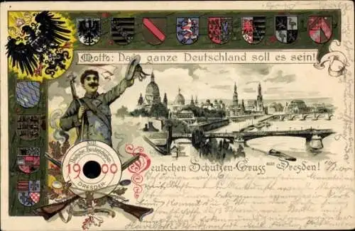 Präge Wappen Litho Dresden, Deutsches Bundesschießen 1900, Das ganze Deutschland soll es sein