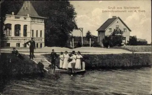 Ak Mariensiel Sande in Friesland, Bahnhofsrestaurant von A. Evers, Bootssteg