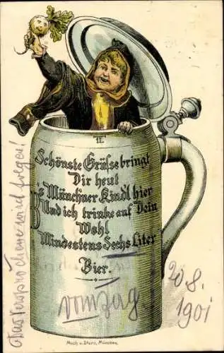 Litho Münchner Kindl, Bierkrug, Und ich trinke auf Dein Wohl, mindestens sechs Liter Bier