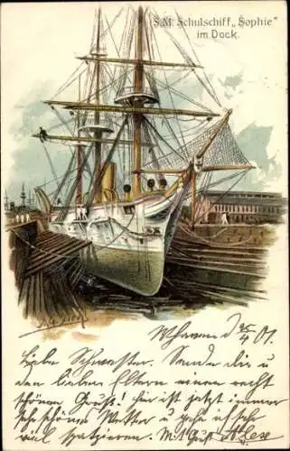 Künstler Litho Siehl, Deutsches Kriegsschiff, SMS Sophie im Dock, Schulschiff, Kaiserliche Marine