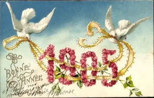 Präge Litho Glückwunsch Neujahr 1905, Tauben, Band, Rosen