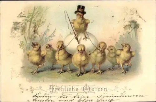 Litho Glückwunsch Ostern, Küken tragen Ei und weiteres Küken mit Peitsche und Zylinder