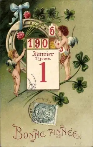 Ak Glückwunsch Neujahr 1906, Kleeblätter, Kalenderblatt, Engel