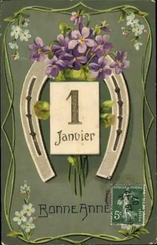 Präge Ak Glückwunsch Neujahr, Kalender, Hufeisen, 1. Januar