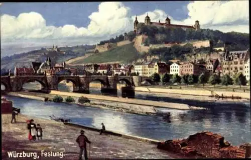 Künstler Ak Würzburg am Main Unterfranken, Festung Marienberg, Brücke, Mainpartie