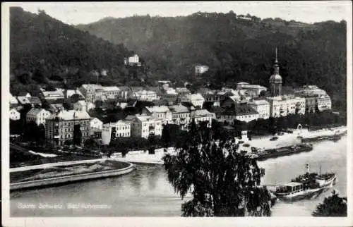 Ak Bad Schandau an der Elbe, Teilansicht, Kirche, Wald, Dampfer