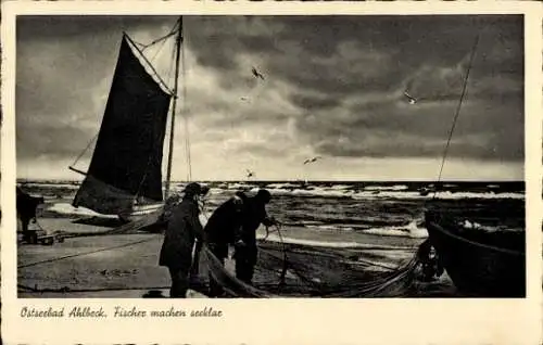 Ak Ostseebad Ahlbeck auf Usedom, Fischer machen seeklar