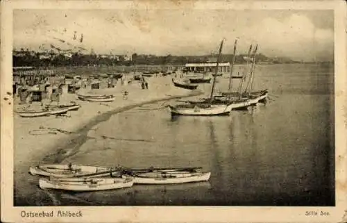 Ak Ostseebad Ahlbeck auf Usedom, Stille See, Strand, Boote