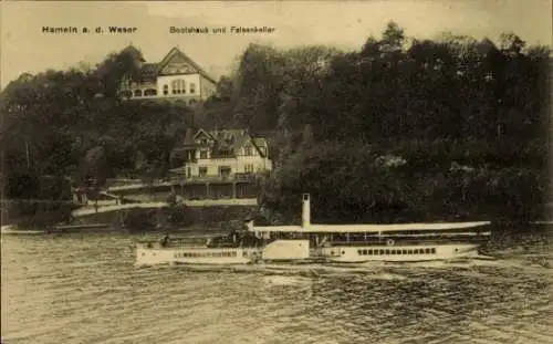 Ak Hameln an der Weser Niedersachsen, Bootshaus, Felsenkeller, Raddampfer