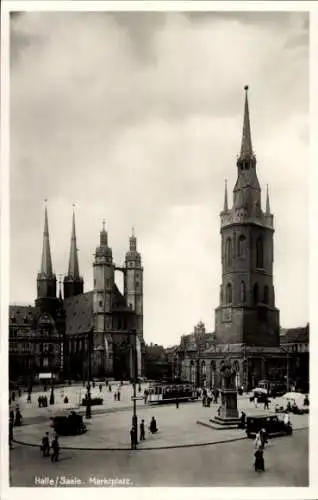 Ak Halle an der Saale, Marktplatz, Kirche, Denkmal, Straßenbahn