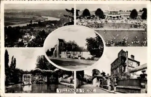 Ak Villennes sur Seine Yvelines, Gesamtansicht, Straßenansicht, Freibad, Kirche, Brücke