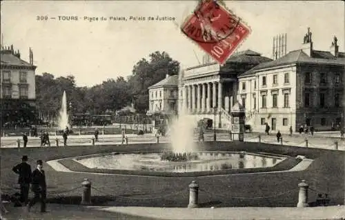 Ak Tours Indre et Loire, Place du Palais, Palais de Justice, Springbrunnen