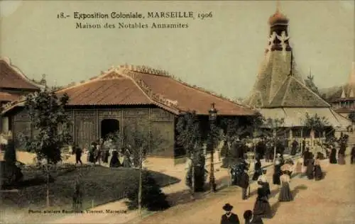 Ak Marseille Bouches du Rhône, Kolonialausstellung 1906, Haus der Annamiten-Berühmtheiten