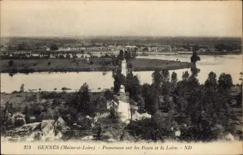 Ak Gennes, Panorama auf den Brücken und der Loire