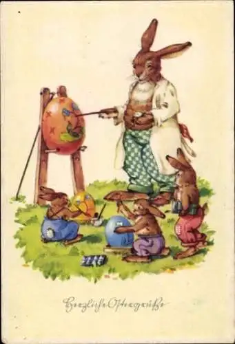 Ak Glückwunsch Ostern, Osterhase und Hasenkinder bemalen Ostereier