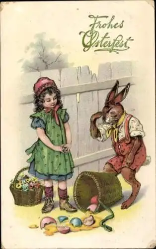 Ak Glückwunsch Ostern, Vermenschlichter Hase, zerbrochene Ostereier, Mädchen