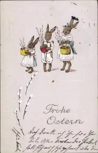 Litho Glückwunsch Ostern, Vermenschlichte Hasenkinder mit Weidenkätzchen