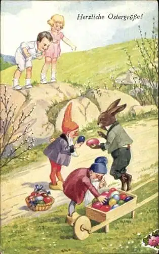 Ak Glückwunsch Ostern, Osterhase und Zwerge mit bunten Ostereiern, Kinder, Weidenkätzchen