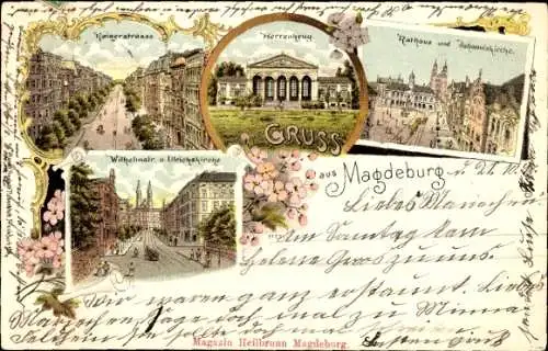 Litho Magdeburg an der Elbe, Kaiserstraße, Herrenkrug, Rathaus, Johanniskirche, Ulrichskirche