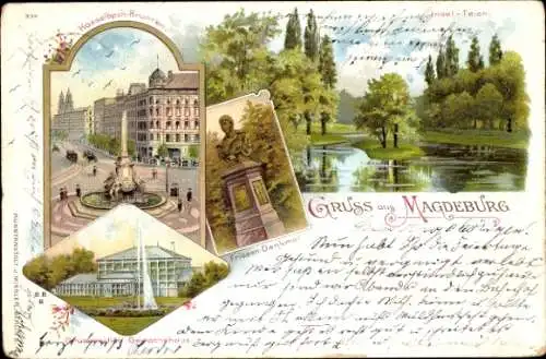 Litho Magdeburg, Grusonsches Gewächshaus, Hasselbachbrunnen, Friesendenkmal