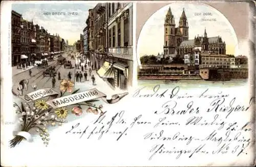 Litho Magdeburg an der Elbe, Der Breite Weg, Der Dom