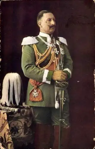 Ak Kaiser Wilhelm II., Standportrait in Uniform, Säbel, Helm, Orden