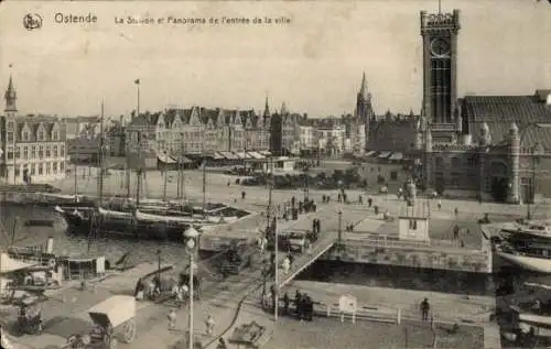 Ak Ostende Ostende Westflandern, Bahnhof, Panorama des Stadteingangs