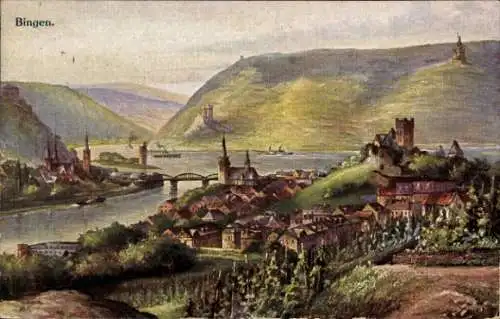 Künstler Ak Bingen am Rhein, Gesamtansicht, Bingerbrück, Elisenhöhe, Niederwalddenkmal