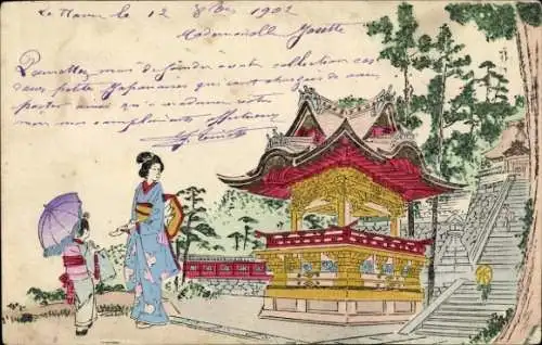 Ak Zwei Mädchen in japanischen Trachten, Treppen, Sonnenschirm