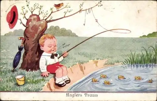 Ak Schlafender Junge mit Angel, Goldfische im Teich, Haken im Baum, Anglers Traum
