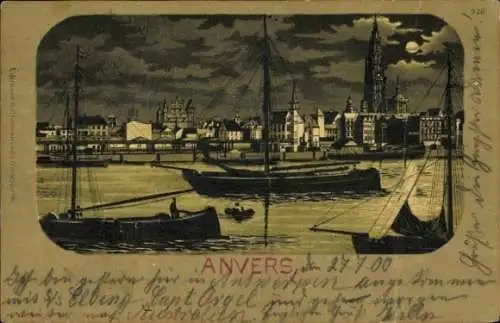 Mondschein Litho Antwerpen Anvers Flandern, Blick auf die Stadt vom Wasser aus, Segelboote