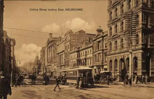 Ak Melbourne Australien, Collins Street Blick nach Osten, Straßenbahn