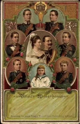 Präge Litho Unser Kaiserhaus, Kaiser Wilhelm II. von Preußen, Kaiserin Auguste Viktoria, Kinder