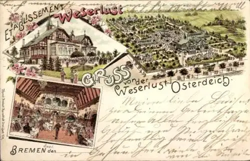 Litho Hansestadt Bremen, Etablissement Weserlust, Osterdeich, Gesamtansicht, Saal