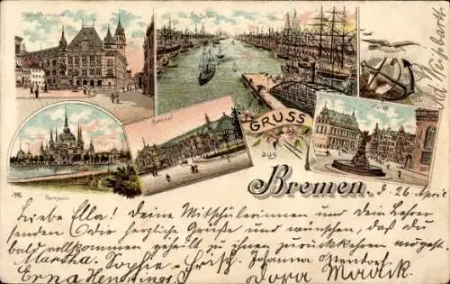 Litho Hansestadt Bremen, Hafen, Segelschiffe, Gericht, Markt, Parkhaus, Bahnhof